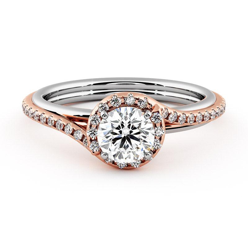 Gale two-tone halo engagement ring, rose gold pave sweep and halo crossing over a white gold band