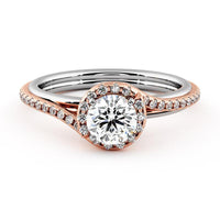 Gale two-tone halo engagement ring, rose gold pave sweep and halo crossing over a white gold band