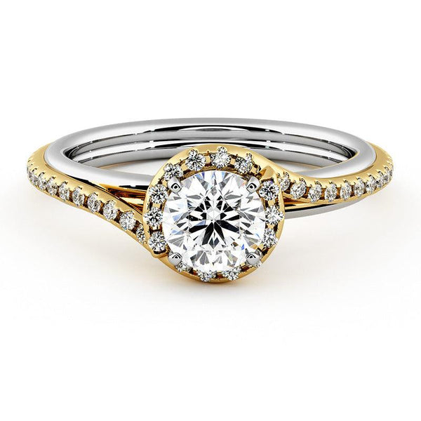 Gale two-tone halo engagement ring, yellow gold pave sweep and halo crossing over a white gold band