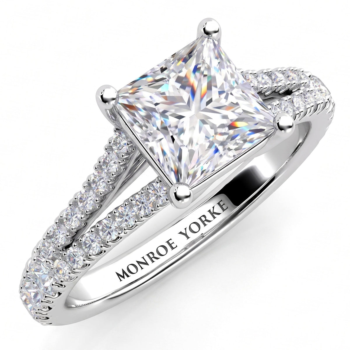 Gemma - GIA certified princess cut diamond split band and cross-over setting diamond engagement ring. White gold or platinum. Top View