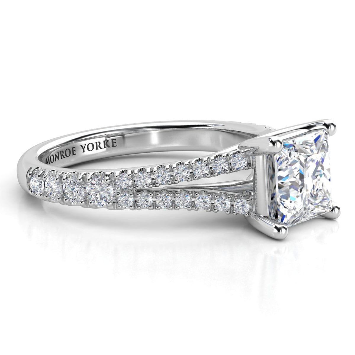Gemma - GIA certified princess cut diamond ring. White gold or platinum. Side View showing the split band