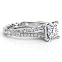Gemma - GIA certified princess cut diamond ring. White gold or platinum. Side View showing the split band