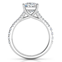 Gemma - GIA certified princess cut diamond engagement ring. White gold or platinum. Side View showing the unique and beautiful cross over centre setting