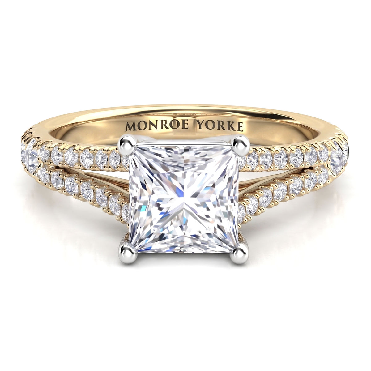Gemma - a princess-cut diamond engagement ring with a yellow gold band featuring pavé-set diamond split band, 