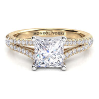 Gemma - a princess-cut diamond engagement ring with a yellow gold band featuring pavé-set diamond split band, 
