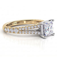 Gemma - a two-tone diamond engagement ring with a princess-cut centre stone, featuring a yellow gold split band with pavé diamonds 