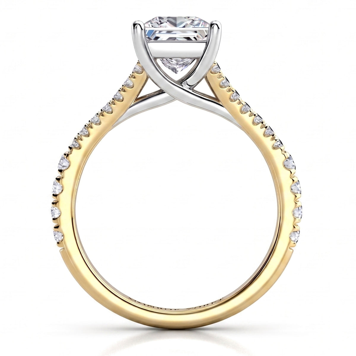 A two-tone diamond engagement ring featuring a yellow gold band with pavé-set clear stones and a silver-coloured cross over setting holding a princess cut centre stone, shown on a white background.