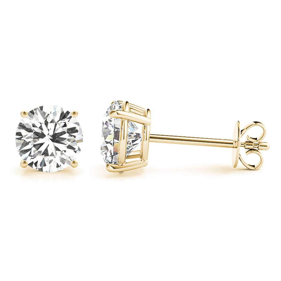 Gold Lab Grown Diamond Ear Studs / Earrings.  Total diamond weight 0.75 carats / 3/4 carat.  4 claw setting. 14ct yellow gold version. 