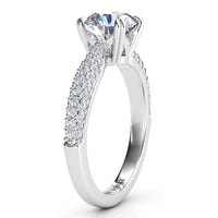 Harper - Diamond Engagement Ring - Side view showing the curved band of pave set diamonds.  It has 3 rows of diamonds. White gold or platinum. 