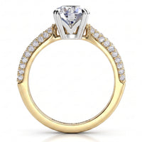 A yellow gold engagement ring featuring a large round-cut center stone and a pavé band with small clear accent stones, shown on a clean white background.