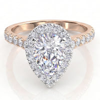 Iris - GIA certified pear-cut diamond halo ring in rose gold with diamond-set shoulders.