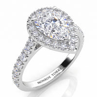 Iris - Platinum or white gold GIA certified pear cut diamond halo engagement ring with diamonds on the sweep up band. 