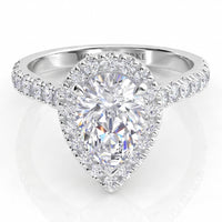 Iris - Platinum GIA certified pear cut diamond halo engagement ring with diamonds on the sweep up band. Centre diamond one V-clw and 2 normal claws. Front View. Also available in White Gold