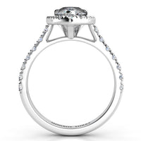 Iris - Platinum GIA certified pear cut diamond halo engagement ring.  Side view showing centre setting. Also available in white gold