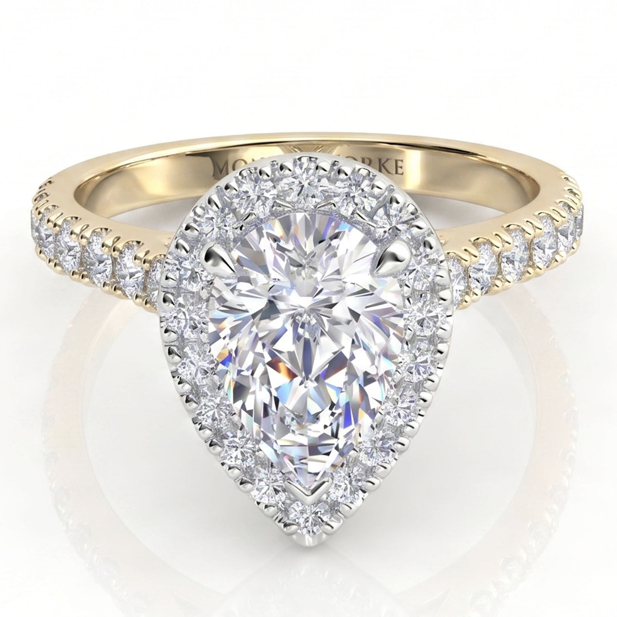  Iris - yellow gold GIA certified pear cut diamond halo engagement ring with diamonds on the band. 