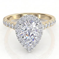  Iris - yellow gold GIA certified pear cut diamond halo engagement ring with diamonds on the band. 
