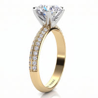 Juliet engagement ring in yellow gold, side view showing the pave-set diamonds along the shank.