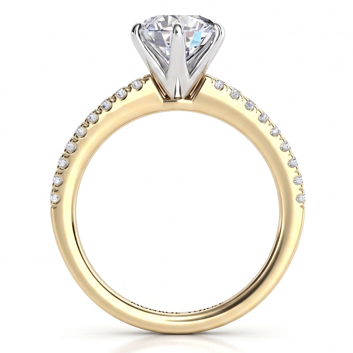 June - Yellow gold six claw round brilliant cut diamond engagement ring, second side view.