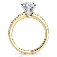June - Yellow gold six claw round brilliant cut diamond engagement ring, second side view.
