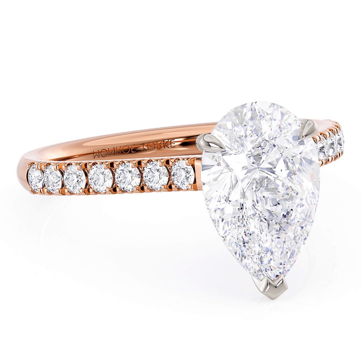Karly in 18ct rose gold, angled view showing the pave set band