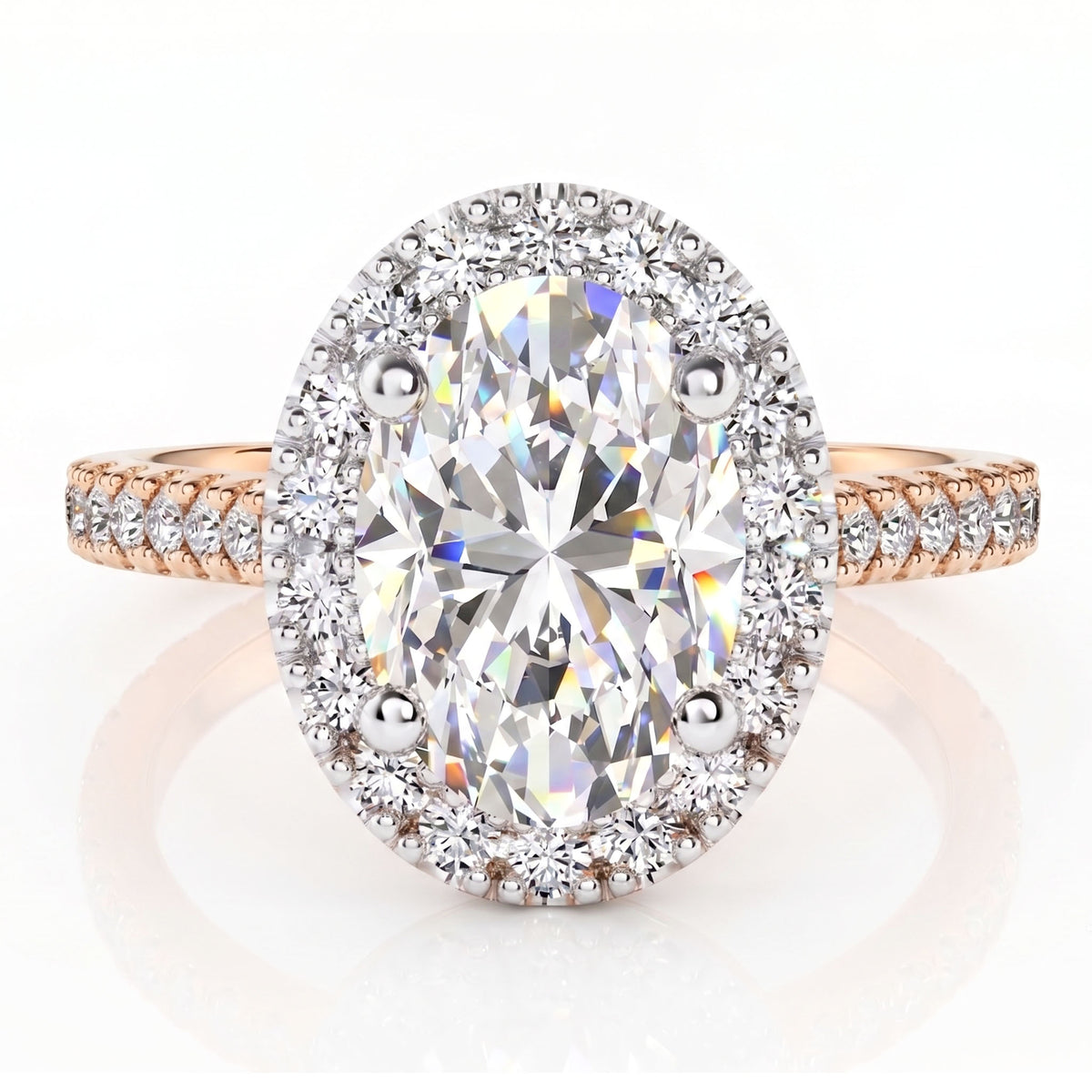 An oval halo ring featuring a large oval-cut center diamond surrounded by a halo of smaller diamonds, set on a rose gold band with pavé diamonds.