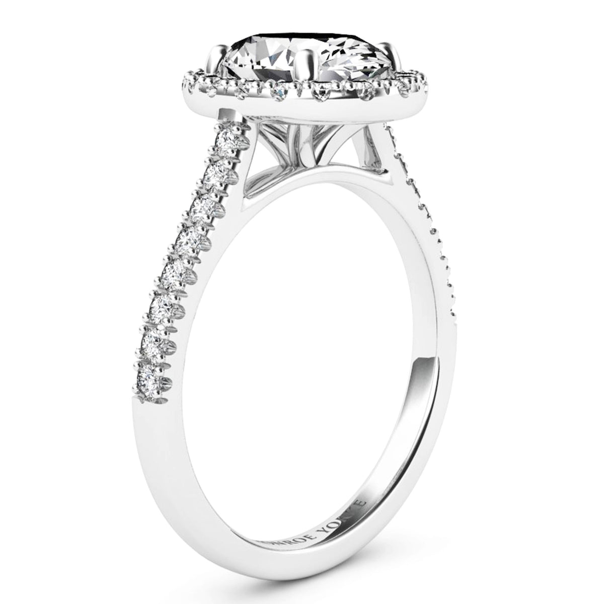 A white gold or platinum halo engagement ring featuring a round-cut center stone and a pavé-set band with small accent diamonds, shown on a clean white background.