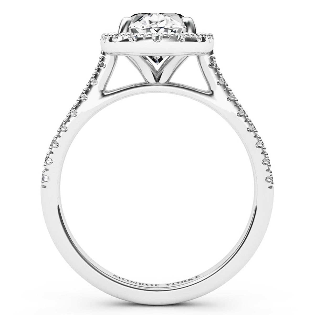 Laurel halo diamond engagement ring - side view. in white gold or platinum