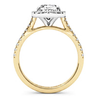 A yellow gold engagement ring featuring a round-cut diamond center stone and a halo of smaller diamonds, with additional pavé diamonds along the shank