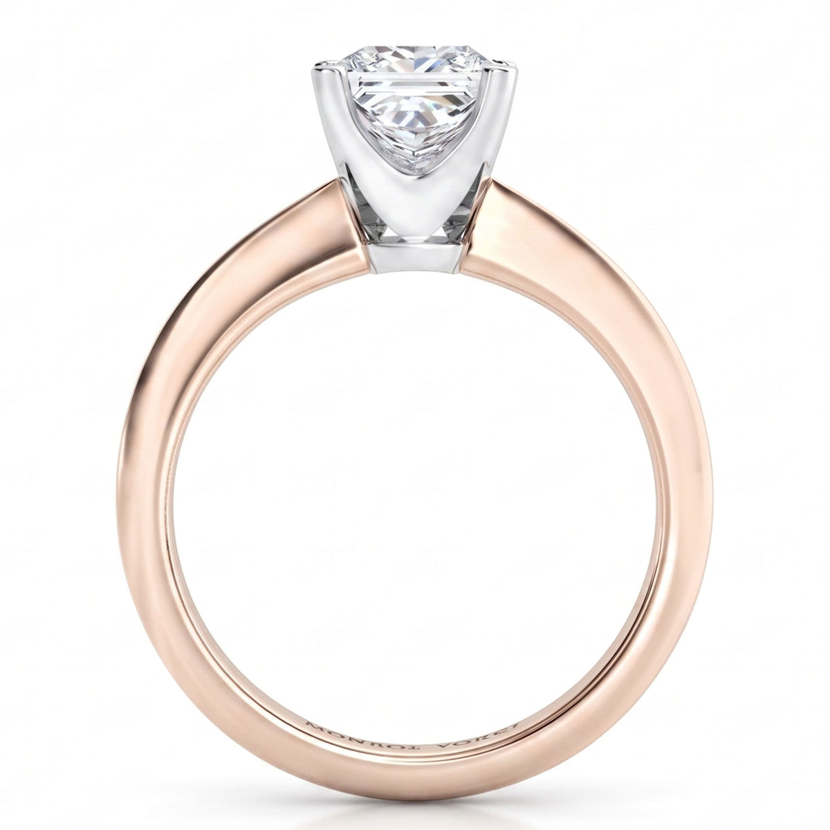 A rose gold solitaire engagement ring with a princess cut diamond set in a white metal prong, shown on a clean white background.