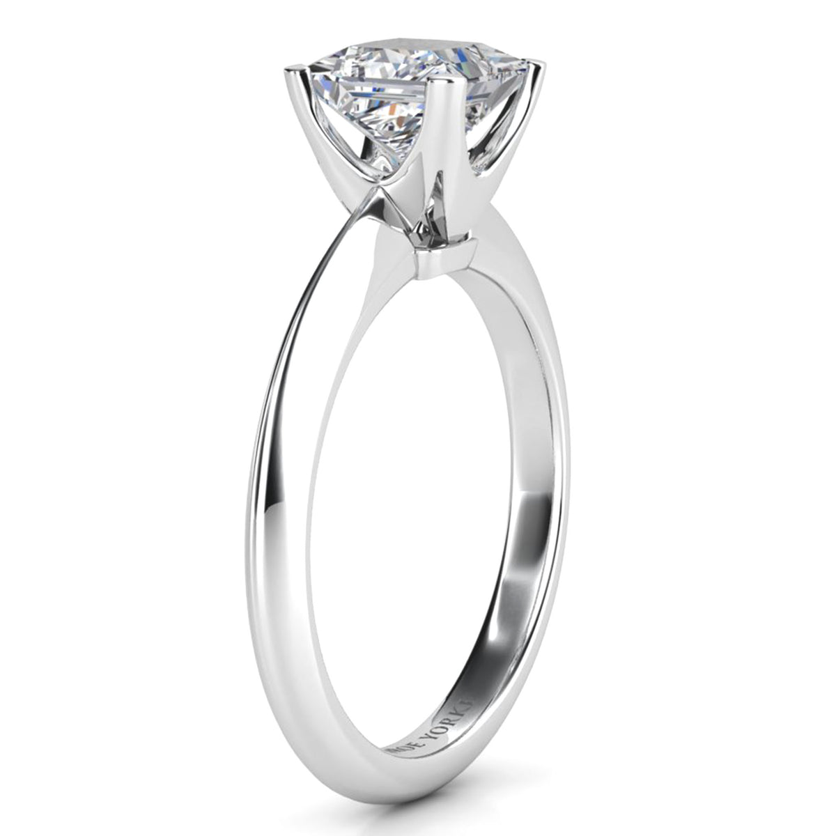 Louisa - White Gold or Platinum.  Princess Cut Solitaire Diamond Ring. Side view showing beautifully open centre setting and stunning band. 