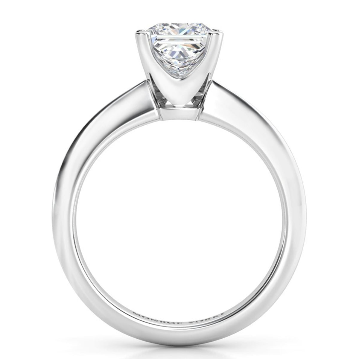 Louisa - White Gold or Platinum.  Princess Cut Solitaire Diamond Ring. Side view 2 showing beautifully open centre setting.  