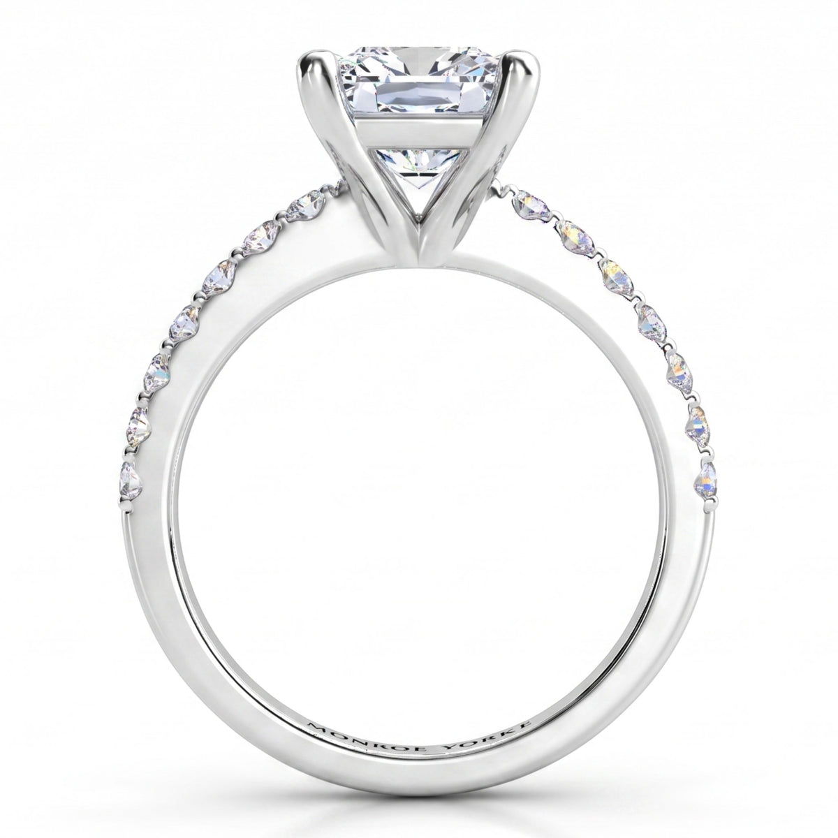 Lutèce engagement ring in white gold or platinum, front elevation of the princess cut centre diamond above a diamond set band.