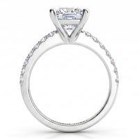 Lutèce engagement ring in white gold or platinum, front elevation of the princess cut centre diamond above a diamond set band.