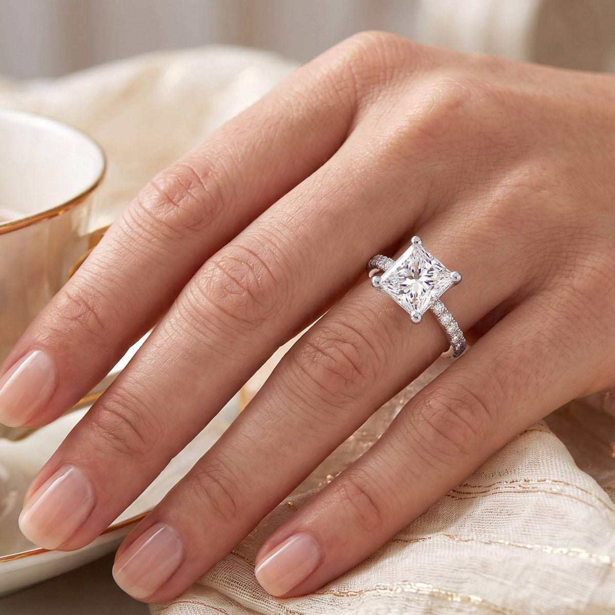 Lutece princess cut diamond ring on hand - White gold or Platinum