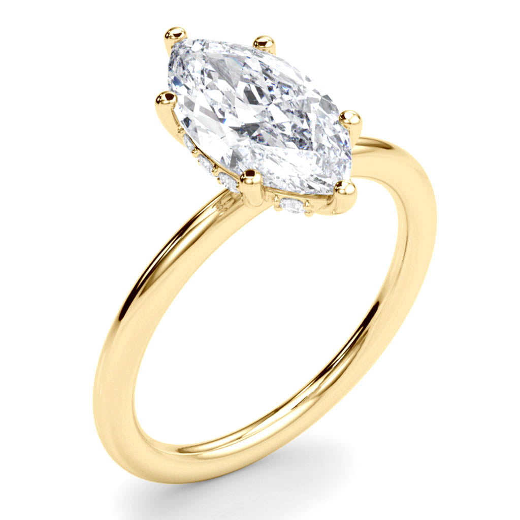 Marquise cut diamond ring with a plain band and hidden halo of diamonds 
