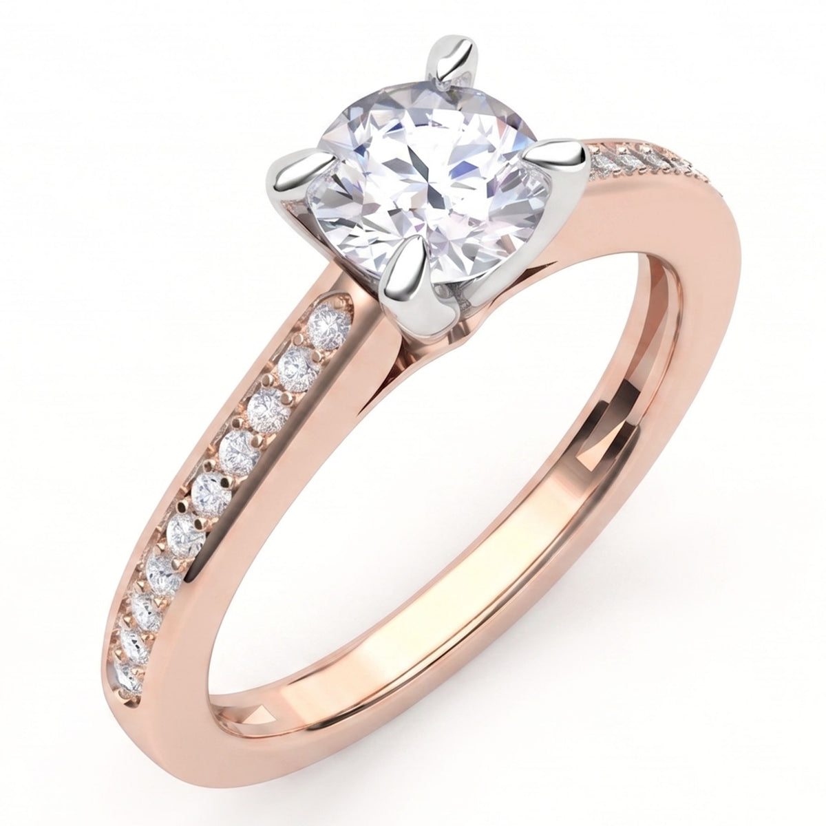 May - a rose gold solitaire engagement ring with a large round brilliant-cut clear center stone and pavé-set accent diamonds along the shank, shown on a clean white background.