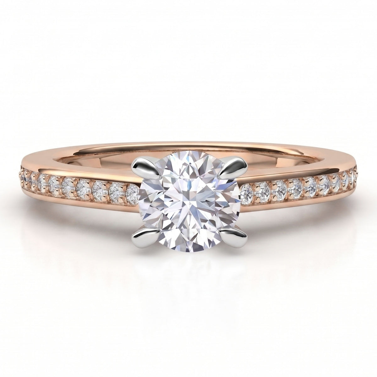 A rose gold solitaire engagement ring with a round brilliant-cut center diamond and a pavé band set with small diamonds.