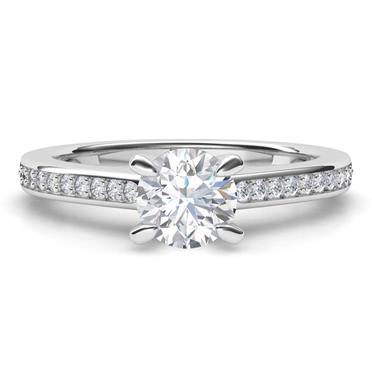 May - 4 Claw round diamond engagement ring with diamonds on the band. white gold or platinum 