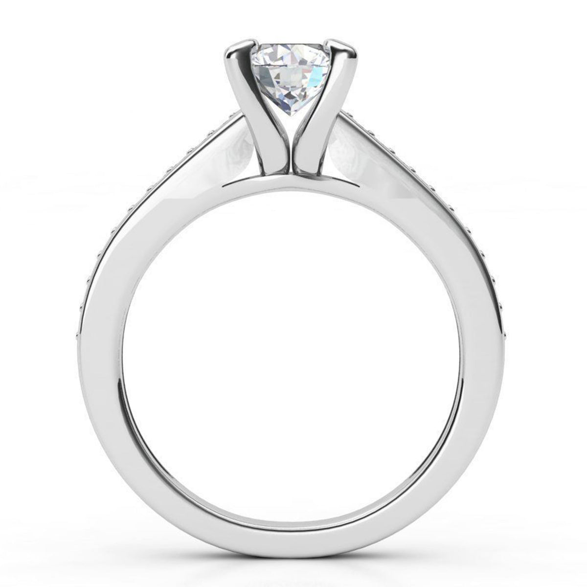 May - 4 Claw round diamond engagement ring with diamonds on the band. Side View - white gold or platinum
