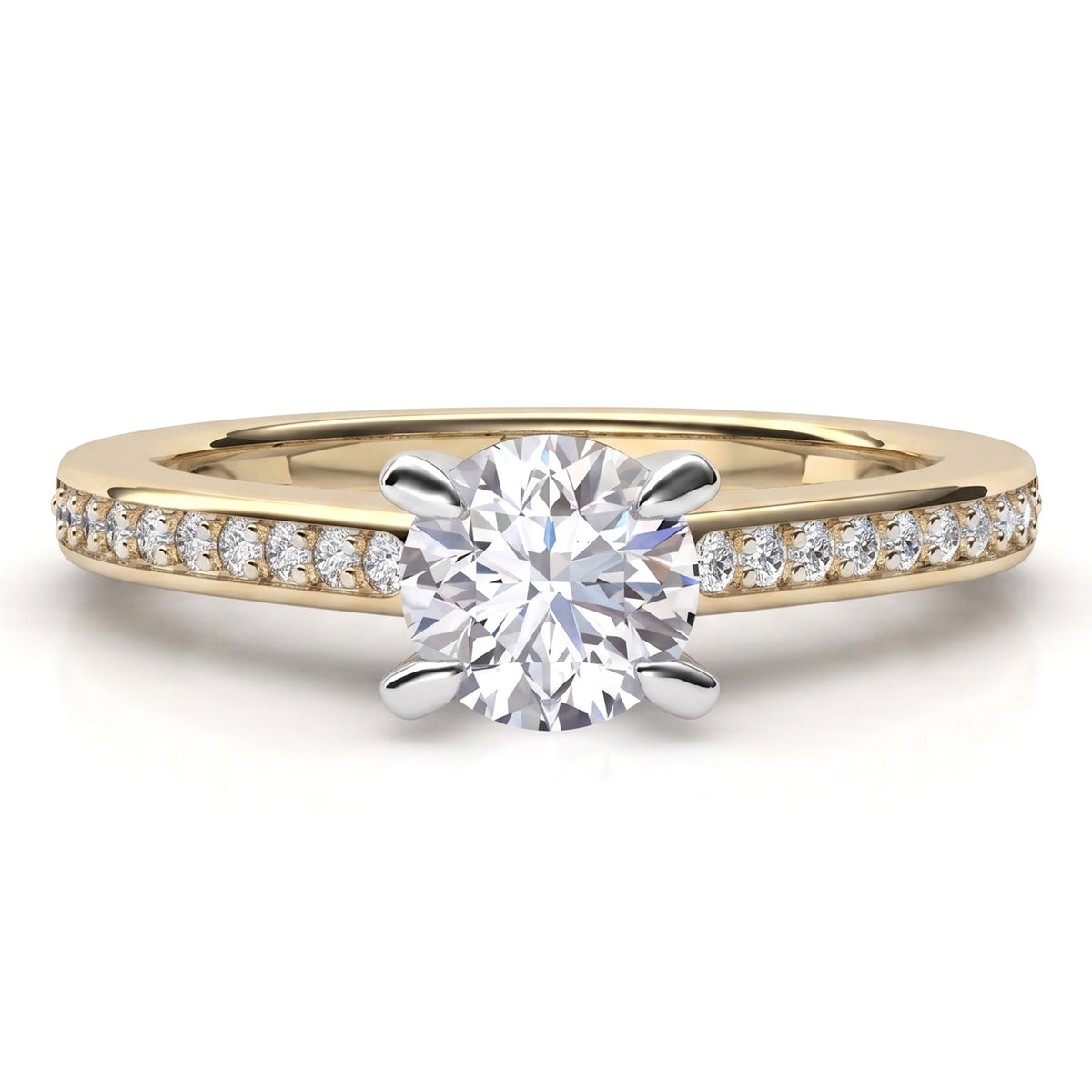 May - yellow gold solitaire engagement ring featuring a round brilliant-cut center stone in a 4 claw setting and a pavé band set with small round diamonds, shown on a clean white background.