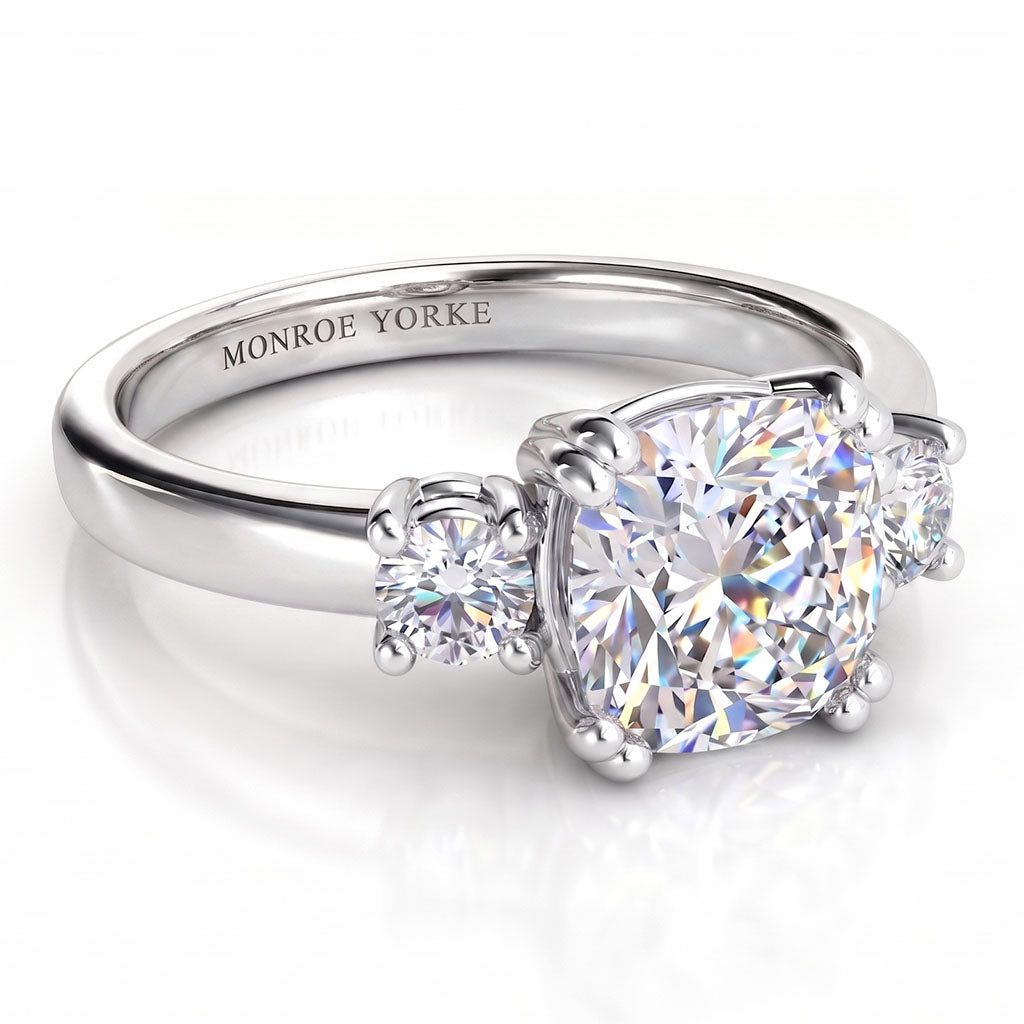 Meghan cushion cut diamond trilogy ring in white gold or platinum