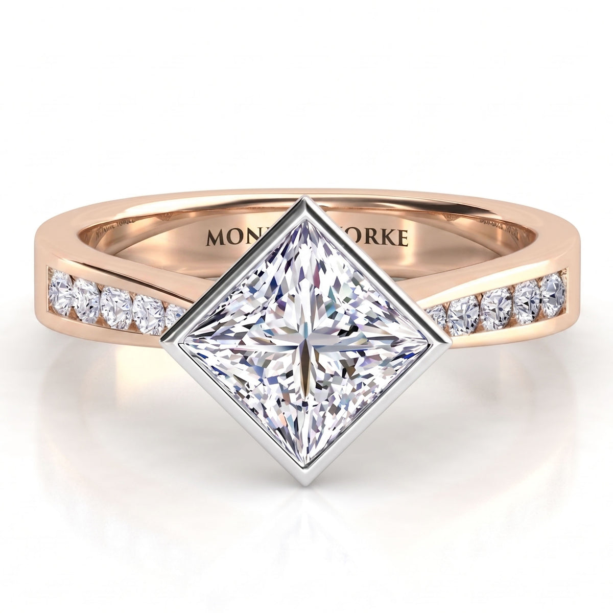 Nash - Rose gold princess cut diamond engagement ring with channel set diamonds along the shoulders.