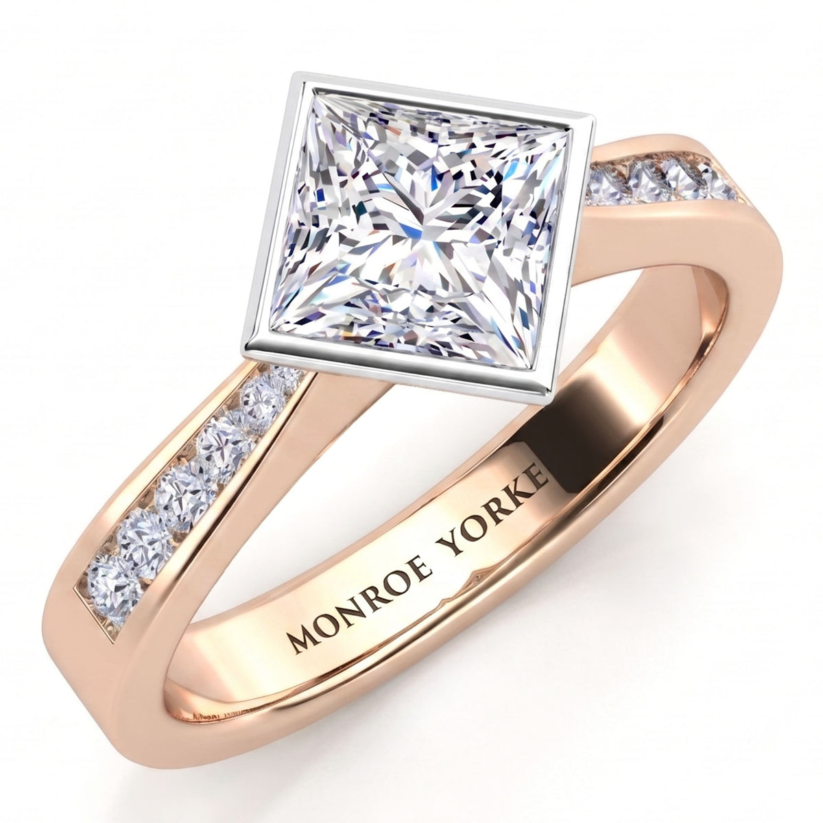 Nash - Rose gold band with a white rub-over bezel holding the princess cut centre diamond.