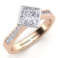 Nash - Rose gold band with a white rub-over bezel holding the princess cut centre diamond.