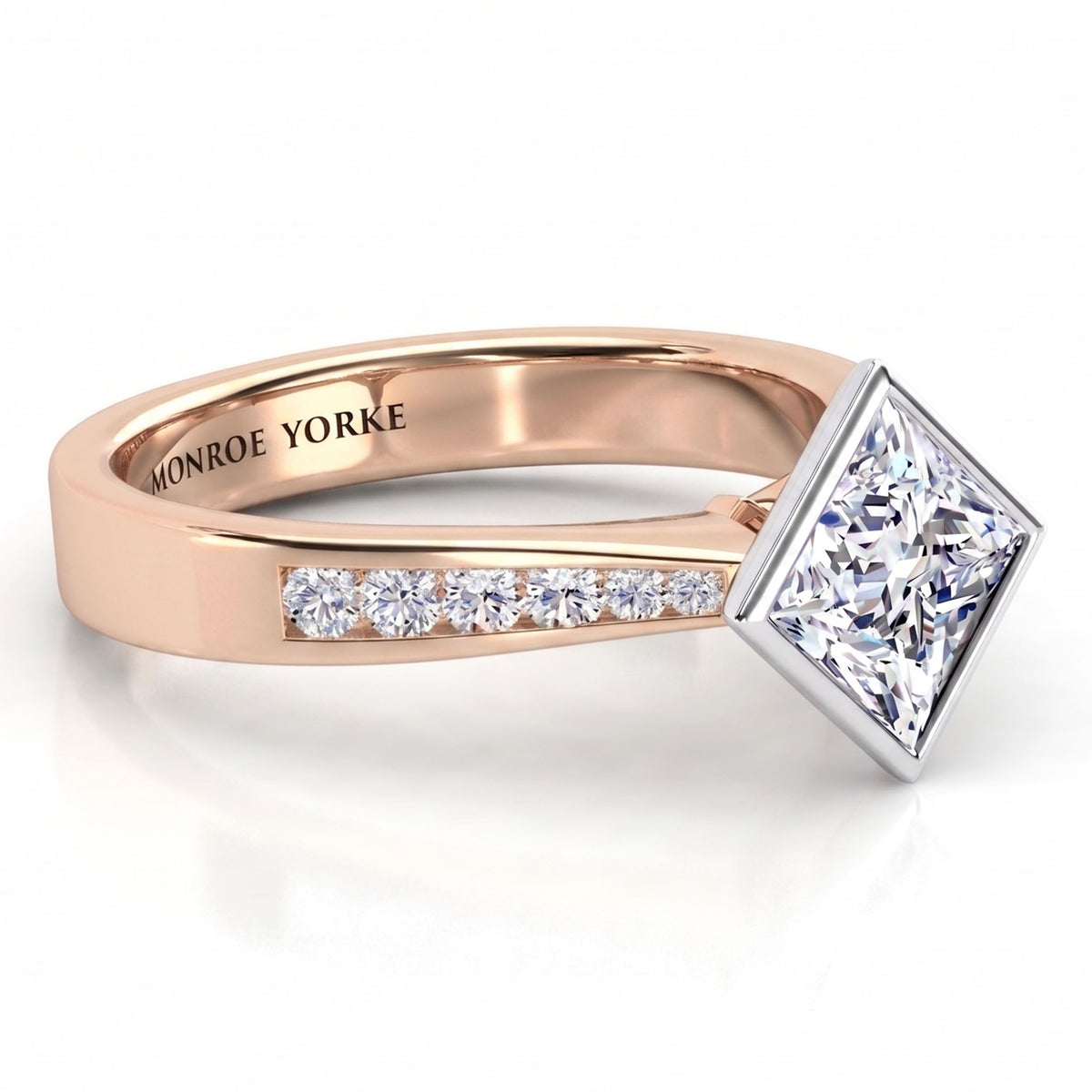 Nash - Rose gold princess cut diamond engagement ring, top view.