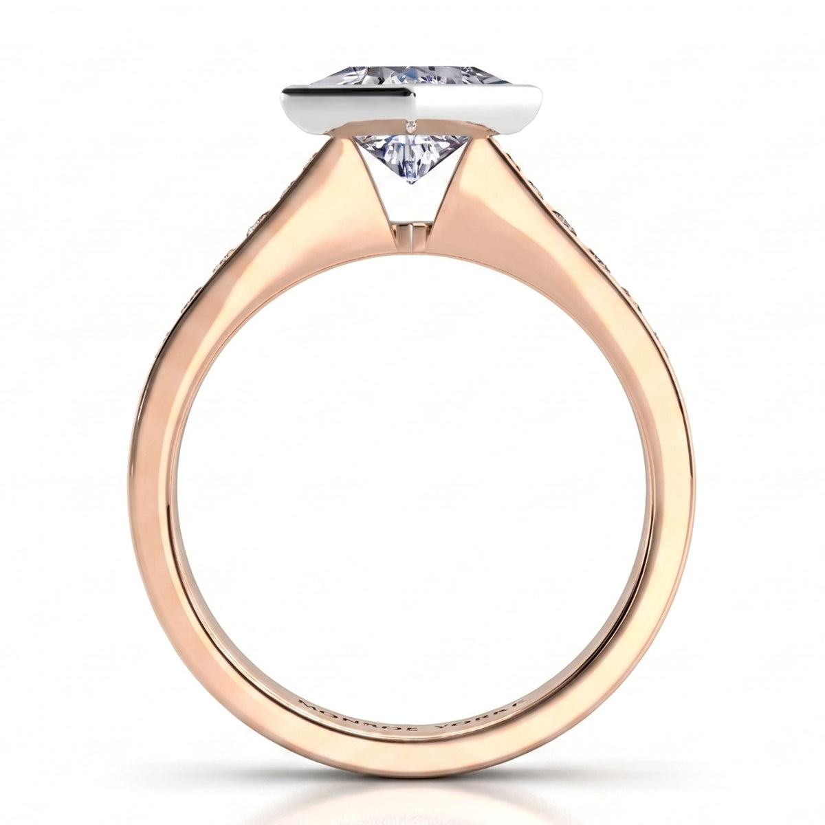 Nash - Rose gold princess cut diamond engagement ring, close side view of the centre setting.