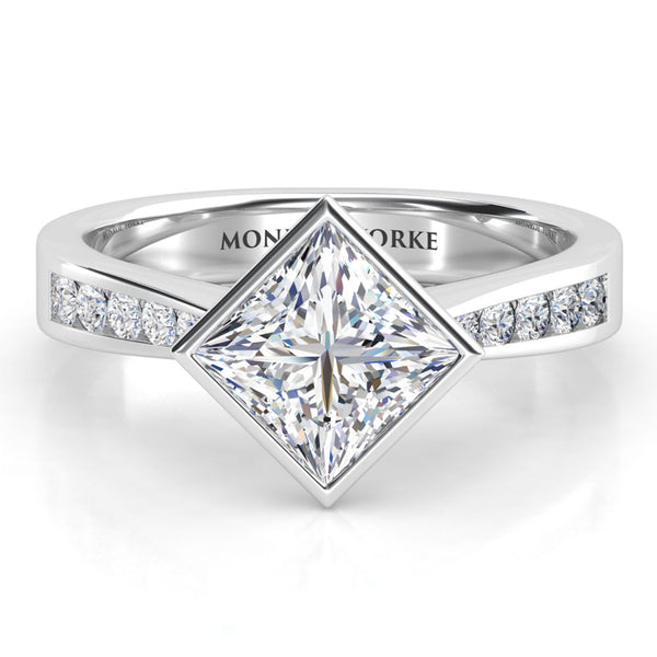Nash - GIA Certified Princess Cut Diamond Engagement Ring. White Gold or platinum. Centre diamond set at a 45 degree angle. 