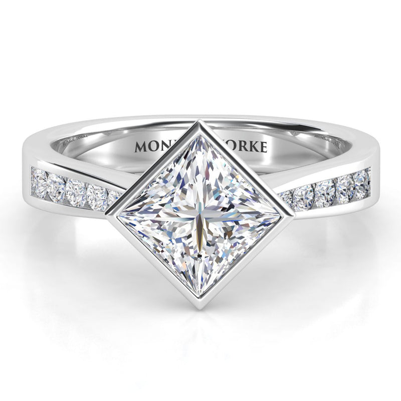 Nash - GIA Certified Princess Cut Diamond Engagement Ring. White Gold or platinum. Centre diamond set at a 45 degree angle. 