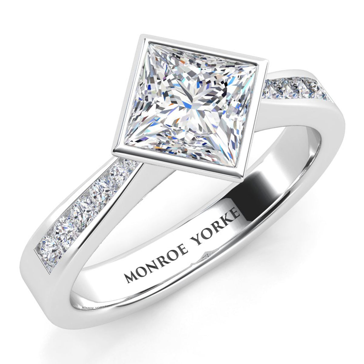 Nash - Rub-over Bezel Set Princess Cut Diamond Engagement Ring. Centre diamond set at a 45 degree angle. White gold or Platinum.