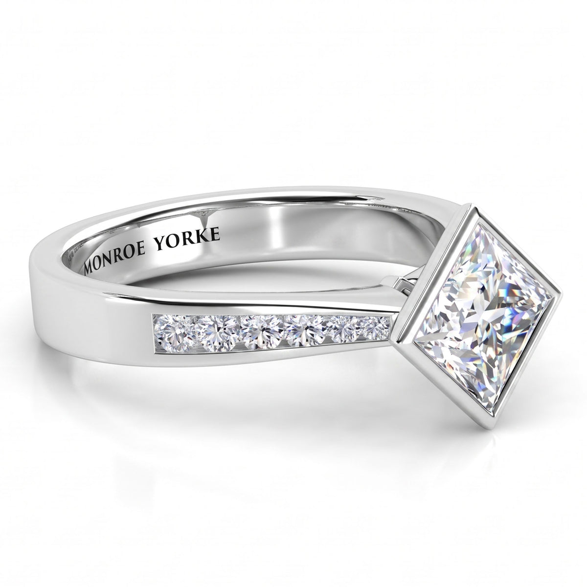 Nash Princess Cut Diamond Ring. Side View. White Gold or Platinum